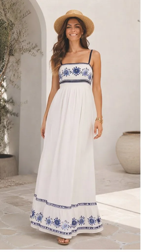 Boho Chic White and Blue Embroidered Maxi Dress for Summer Vacation