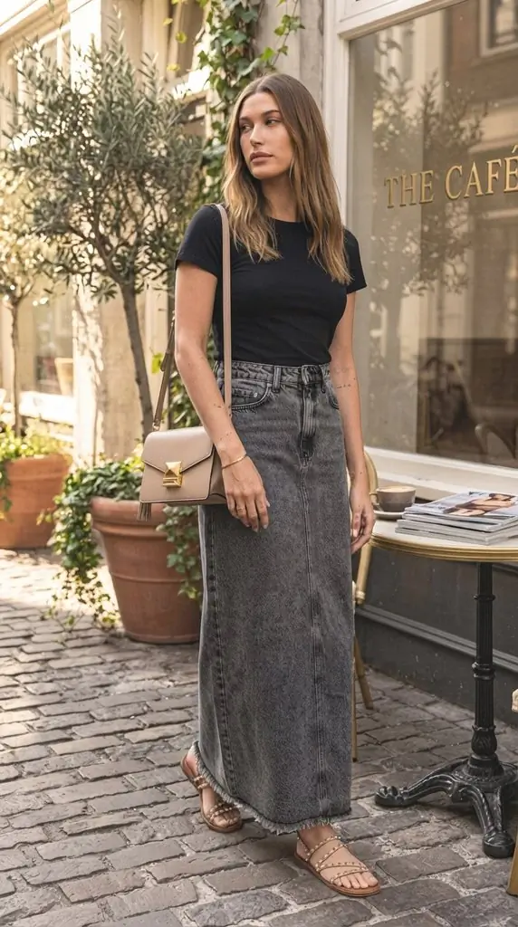 Acid Wash Denim Maxi Skirt & Casual Black Tee Outfit
