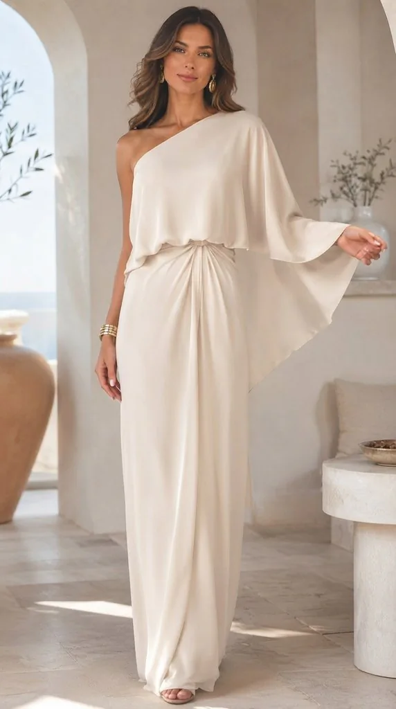Elegance Redefined: One-Shoulder Draped Beige Maxi Dress for Formal Events