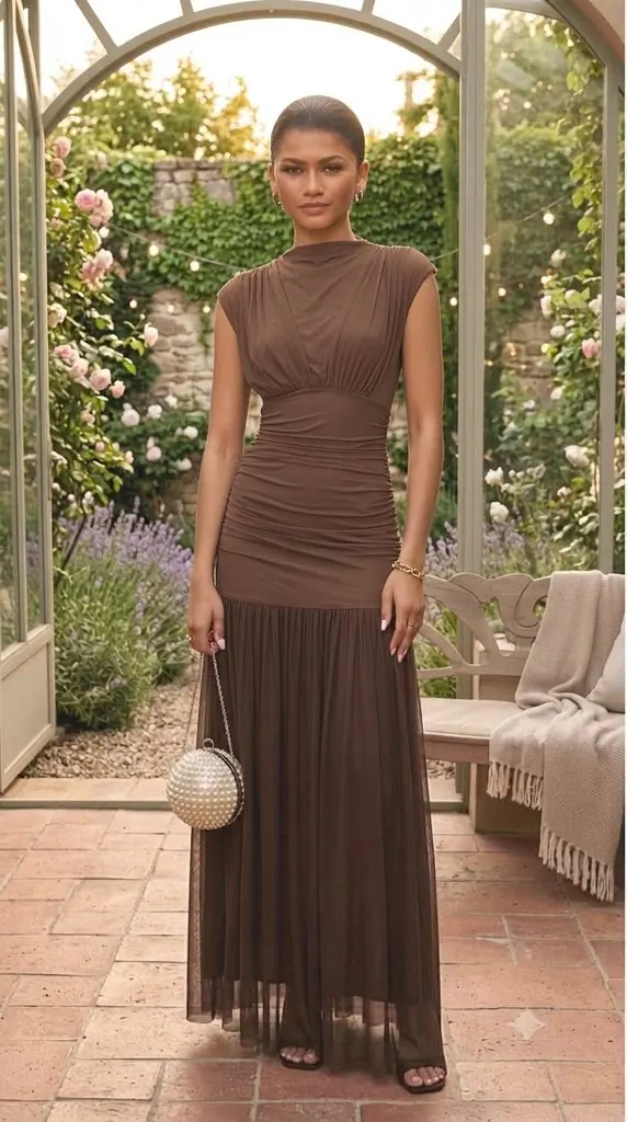 Brown Ruched Maxi Dress Outfit Ideas For Chic Evening Wear