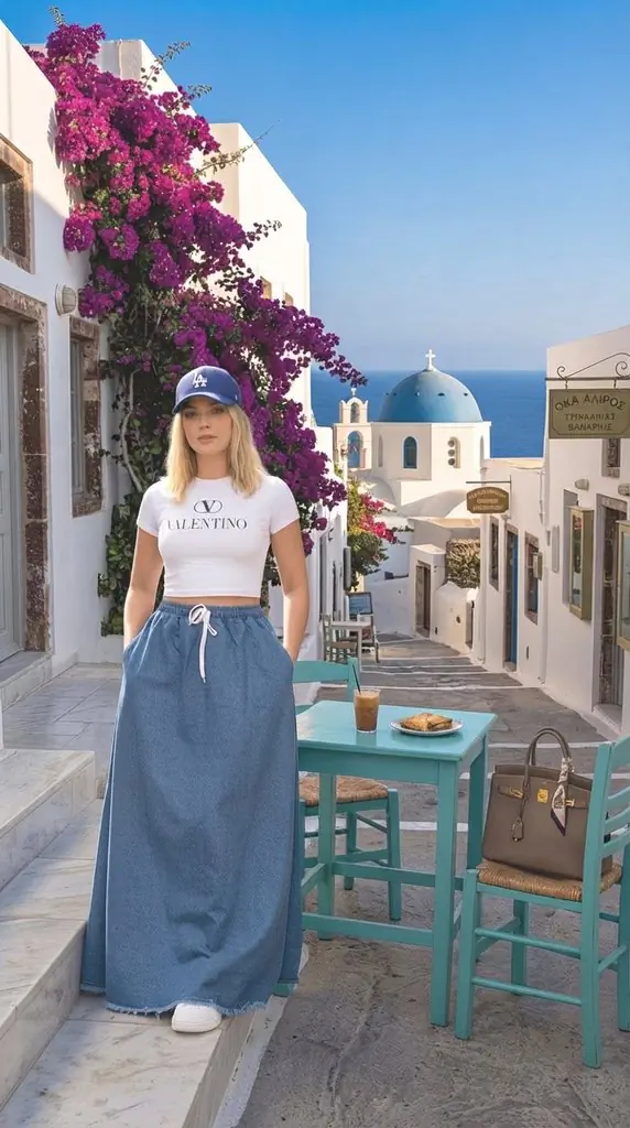 Casual Long Denim Skirt & Cap Styling Inspiration