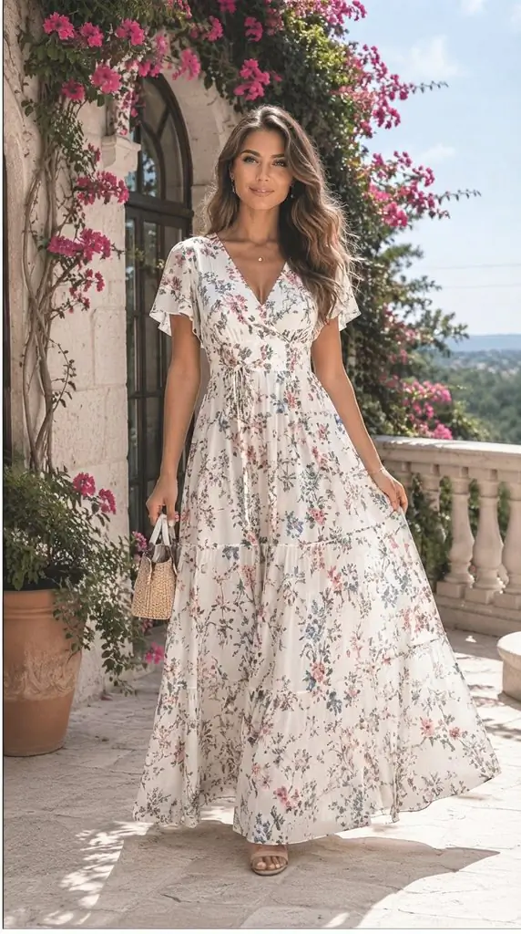 Floral Short Sleeve Maxi Dress Summer Vacation Outfit Ideas