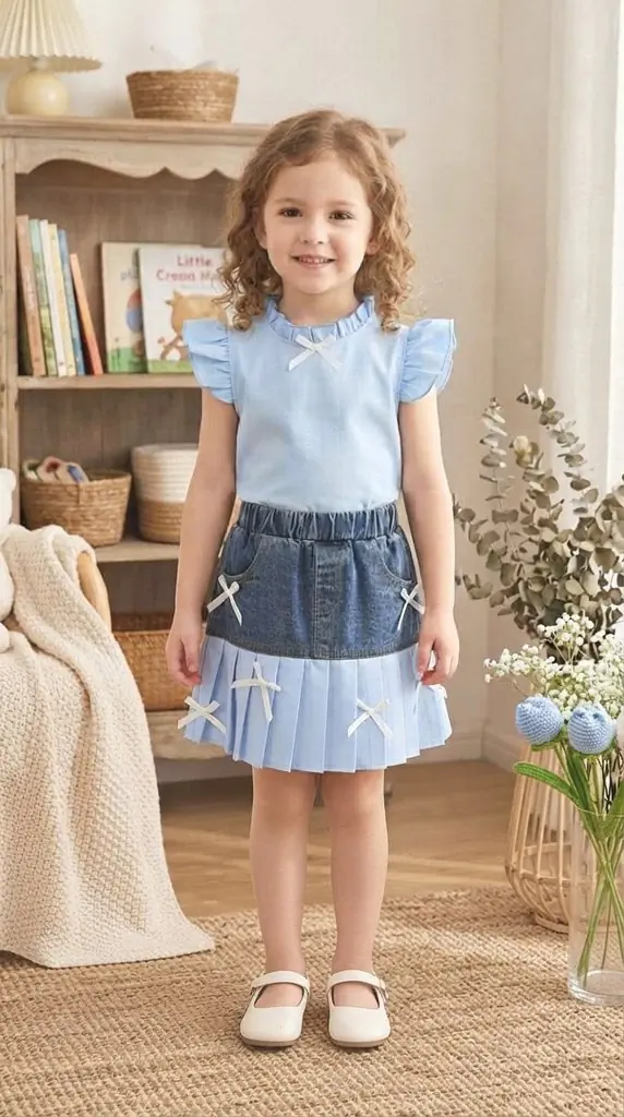 Cute Bow Accent Denim Skirt Outfit Ideas & Kids Fashion