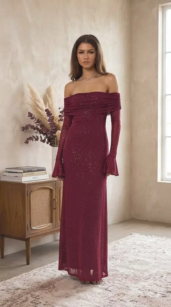 Burgundy Off The Shoulder Maxi Dress Outfit Ideas For Formal Events