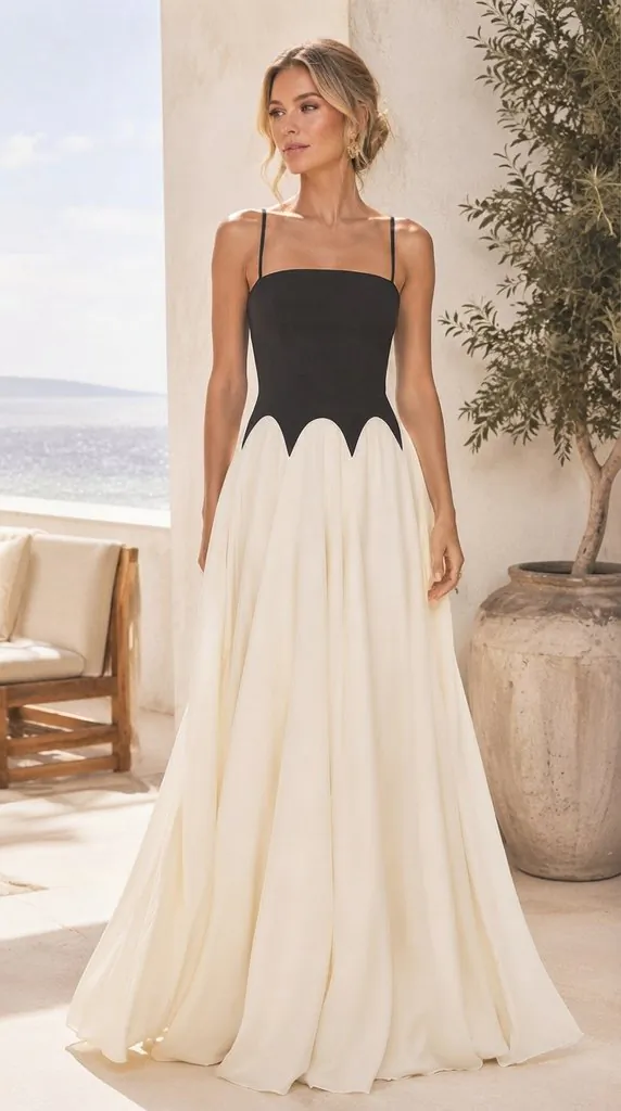 Black and White Color Block Maxi Dress Formal Evening Gown