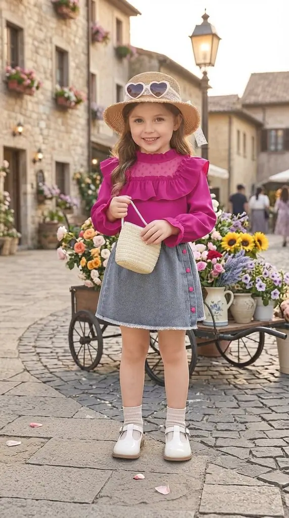 Chic Magenta Ruffle Top and Button Trim Denim Skirt Look