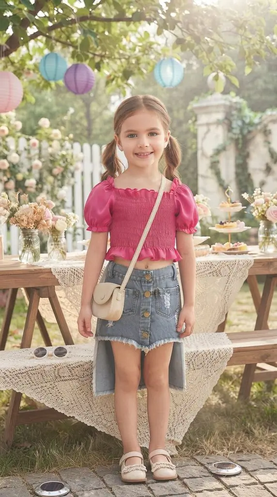 Trendy Puffed Sleeve Top and High-Low Denim Skirt Outfit