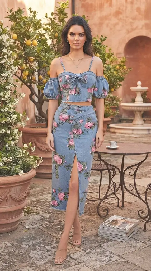 Floral Denim Skirt Outfit Ideas & Matching Top Sets