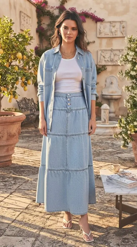 Tiered Denim Maxi Skirt Outfit Inspiration & Styling Guide