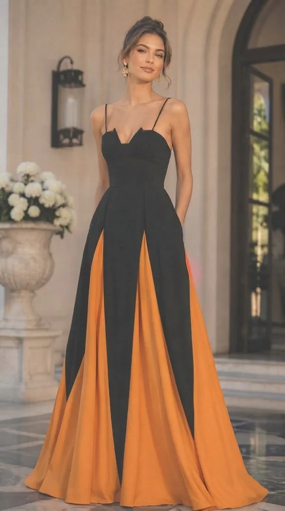 Stunning Black and Orange V-Neck Maxi Dress with Pockets | Formal Evening Gown