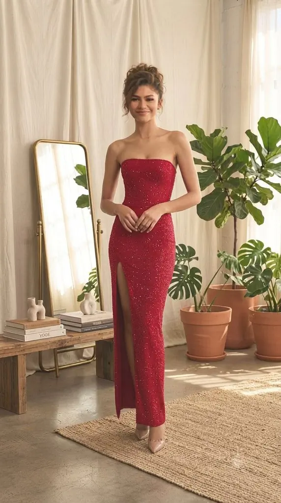 Red Sequin Strapless Formal Evening Party Maxi Dress