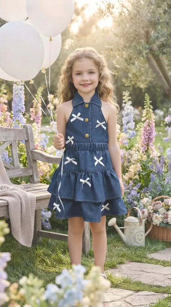 Chic Halter Neck Tiered Denim Dress with White Bow Accents