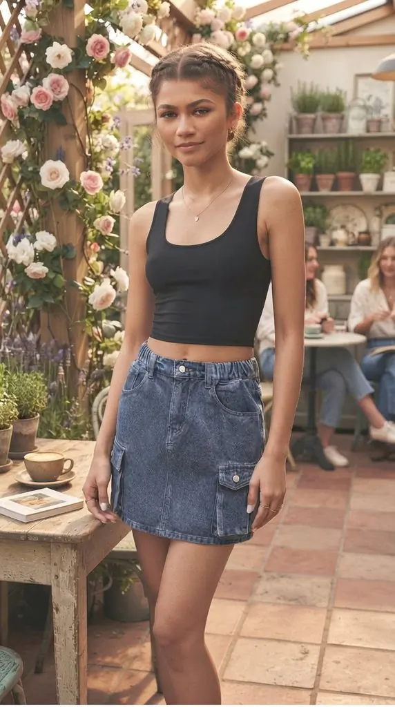 Medium Wash Cargo Denim Mini Skirt Outfit Ideas & Black Crop Top   