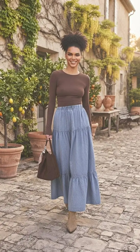 Tiered Denim Maxi Skirt Outfit Ideas & Brown Long Sleeve Top Pairings