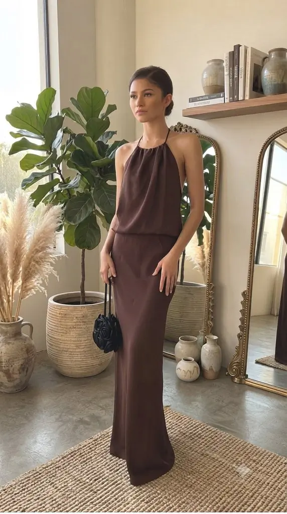 Chic Chocolate Brown Satin Formal Gown and Maxi Dress