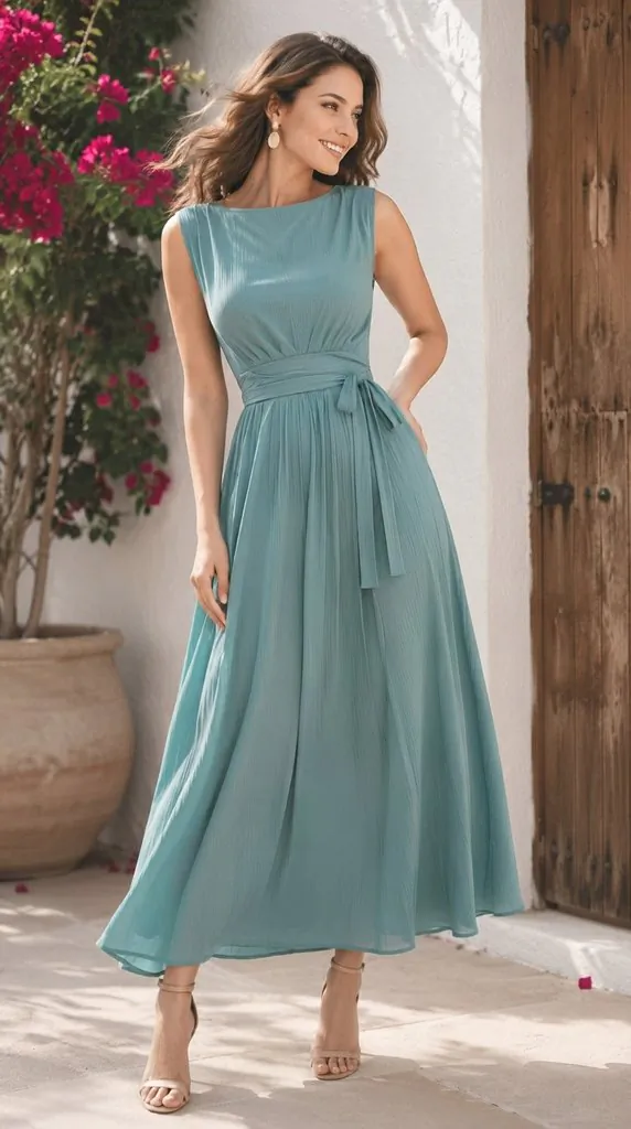 Elegant Dusty Blue Pleated Maxi Dress for Wedding Guest