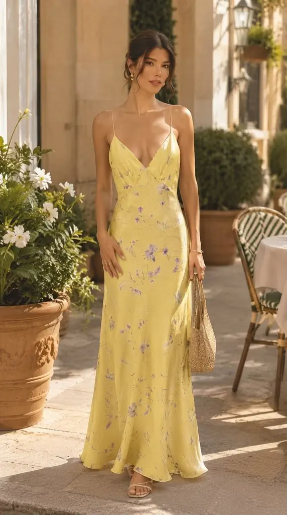 Stunning Yellow Floral Silk Slip Maxi Dress Inspiration