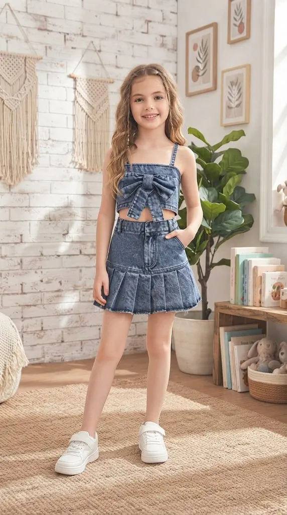Chic Denim Bow Crop Top and Pleated Skirt Outfit Idea