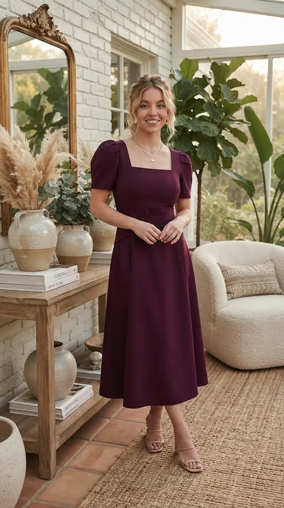 Plus Size Square Neck Puff Sleeve Midi Dress