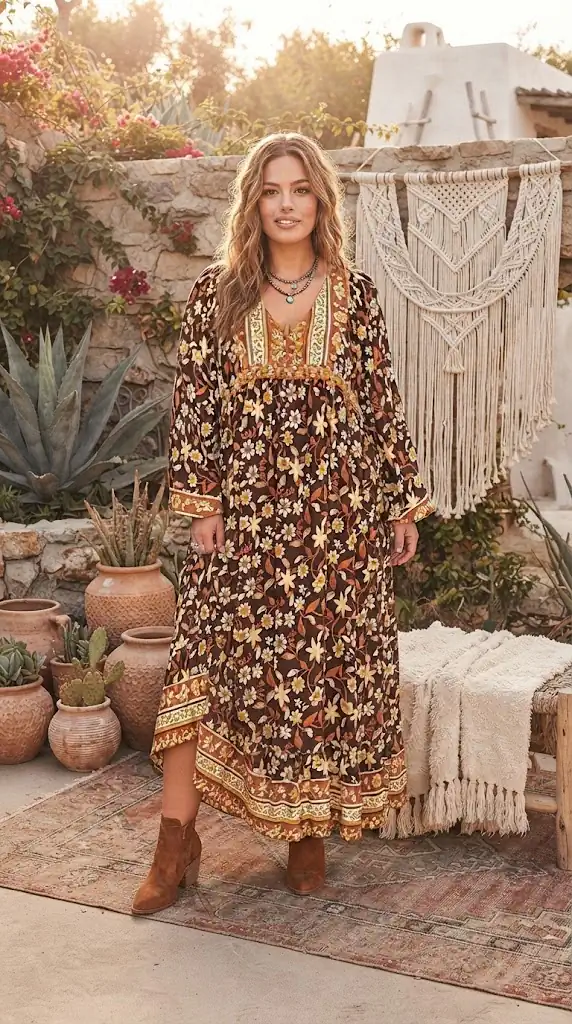 Plus Size Printed V-Neck Balloon Sleeve Dress | Fall Maxi Inspo