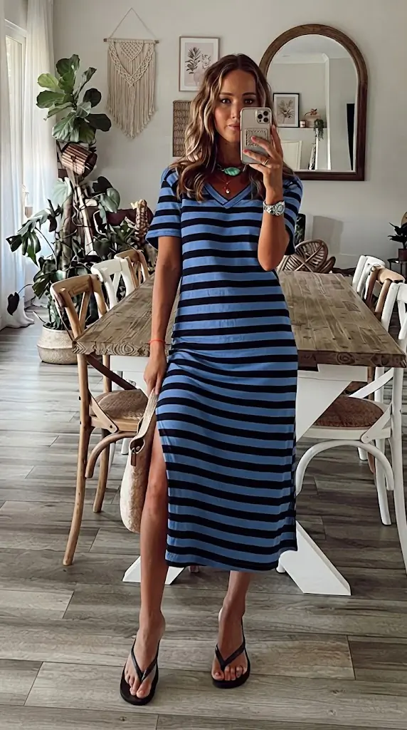 Striped V-Neck Midi Dress Plus Size with Side Slit Outfit