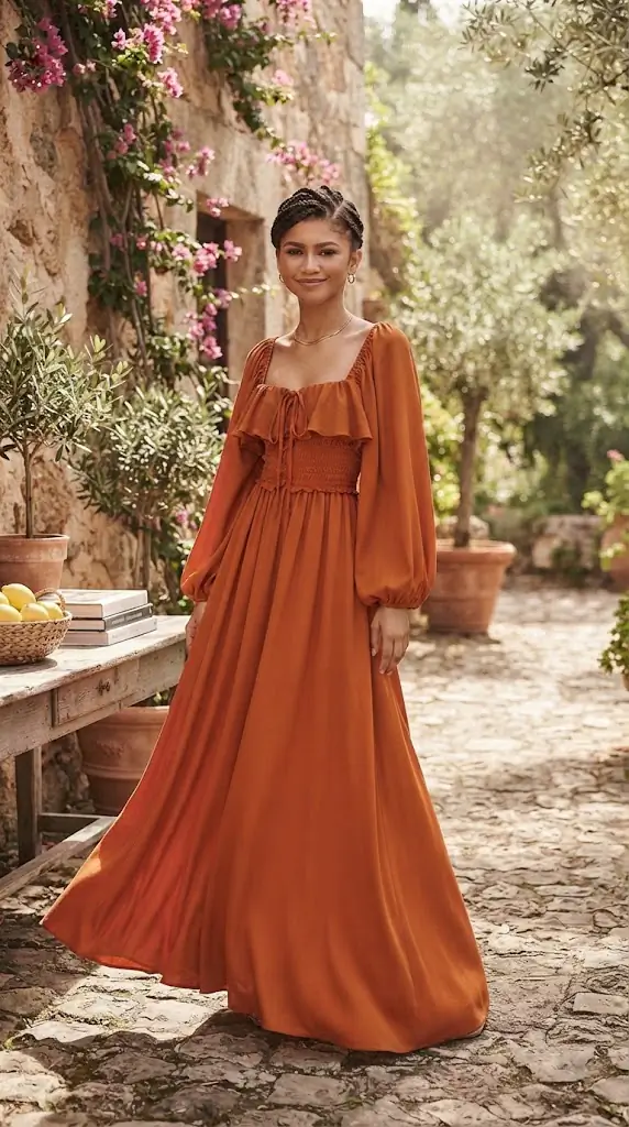 Ruffle Square Neck Balloon Sleeve A-Line Dress