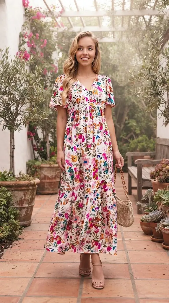 Floral Short Sleeve V Neck Dress with Pockets