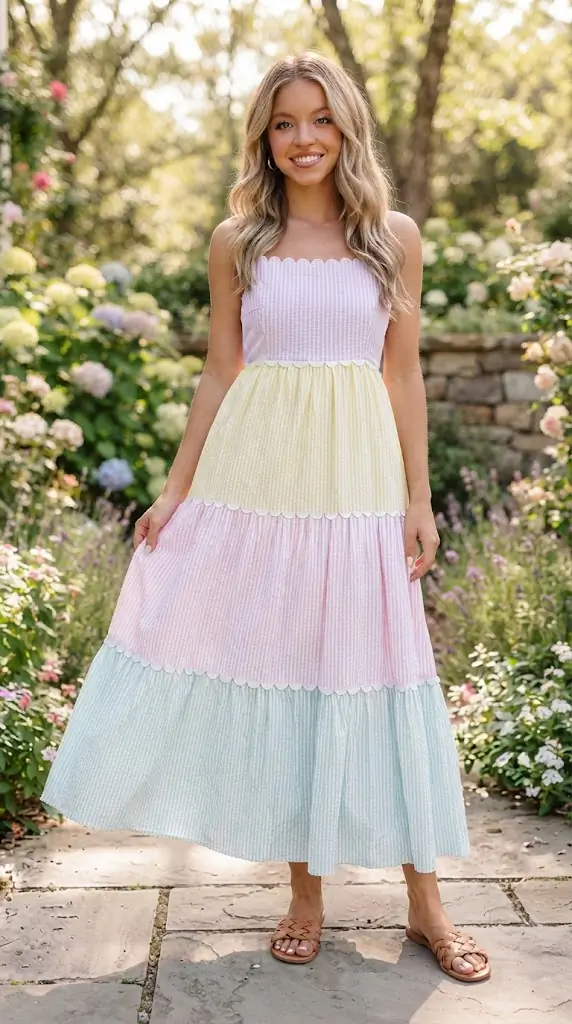 Striped Colorblock Adjustable Strap Scalloped Detail Long Dress