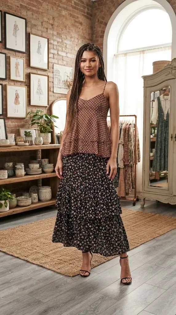 Plus Size Ditsy Floral Layered Maxi Skirt Outfit Ideas
