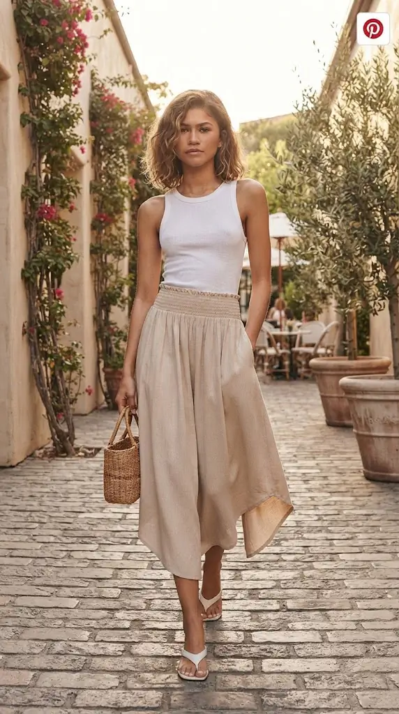 Zenana Woven Crinkle Smocked Waist Maxi Skirt W Pockets: Outfit Ideas