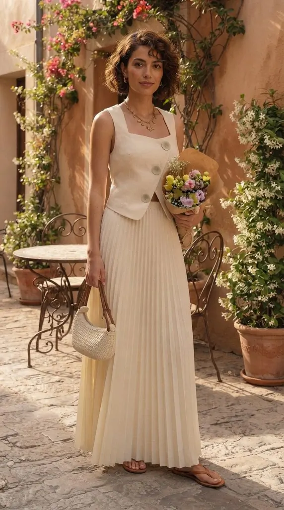 Sleeveless Vest and Pleated Maxi Skirt Set
