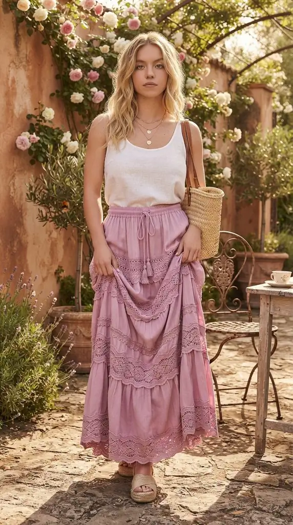 Drawstring Lace Tiered Skirt