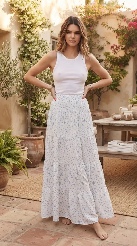 High Waist Tiny Floral Print Boho Maxi Skirt Outfit Idea