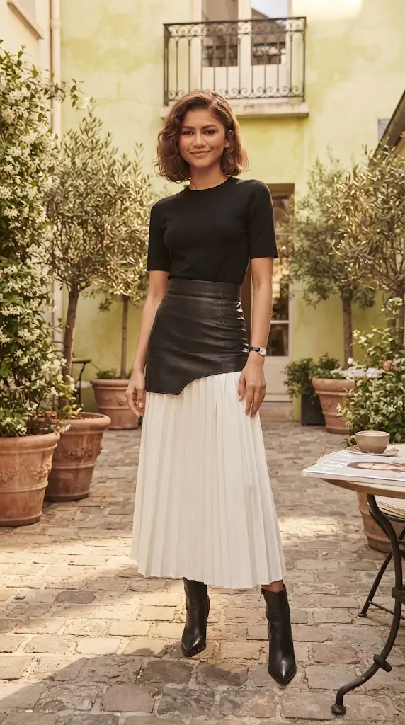 Pleated Contrast High Rise Skirt | Edgy Outfit Idea