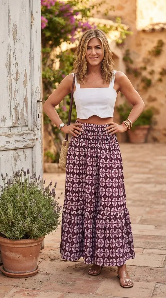 Chic Geometric Print Smocked Waist Maxi Skirt Styling