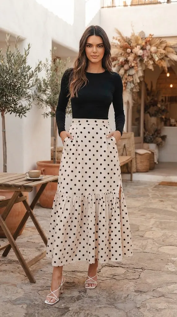 Polka Dot Ruffled Slit Maxi Skirt | Vintage Outfit Inspiration