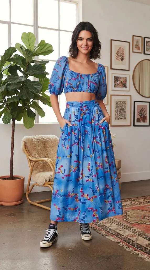 Davi & Dani Printed Smocking Waistband Ruffled Maxi Skirt | Blue Maxi Outfit