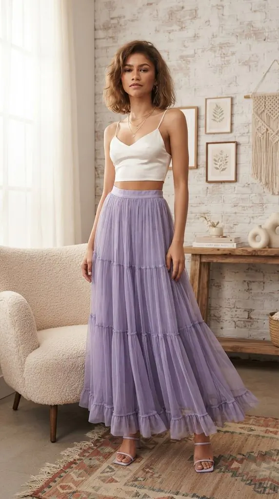 Tiered Tulle Skirt | Lavender Maxi Skirt Outfit Ideas