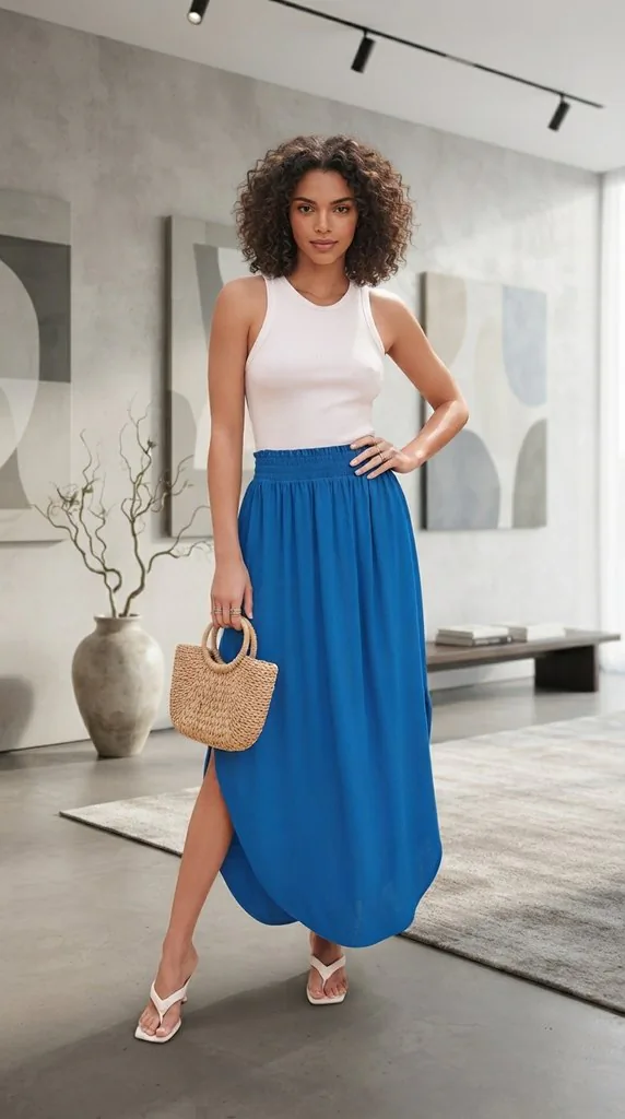 Zenana Smocked Waist Side Slit Maxi Skirt With Pockets | Blue Maxi Skirt Outfit