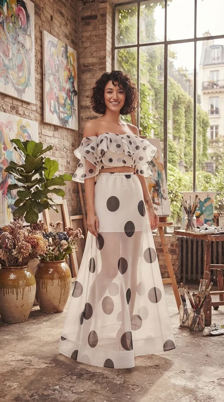 Polka Dot Ruffle Crop Top and Maxi Skirt | Vintage Style Outfit Ideas
