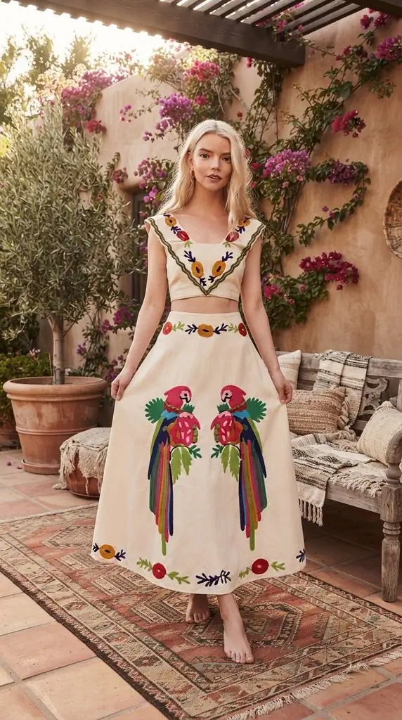 Parrot Crop Top and Maxi Skirt Set for Vacation Style