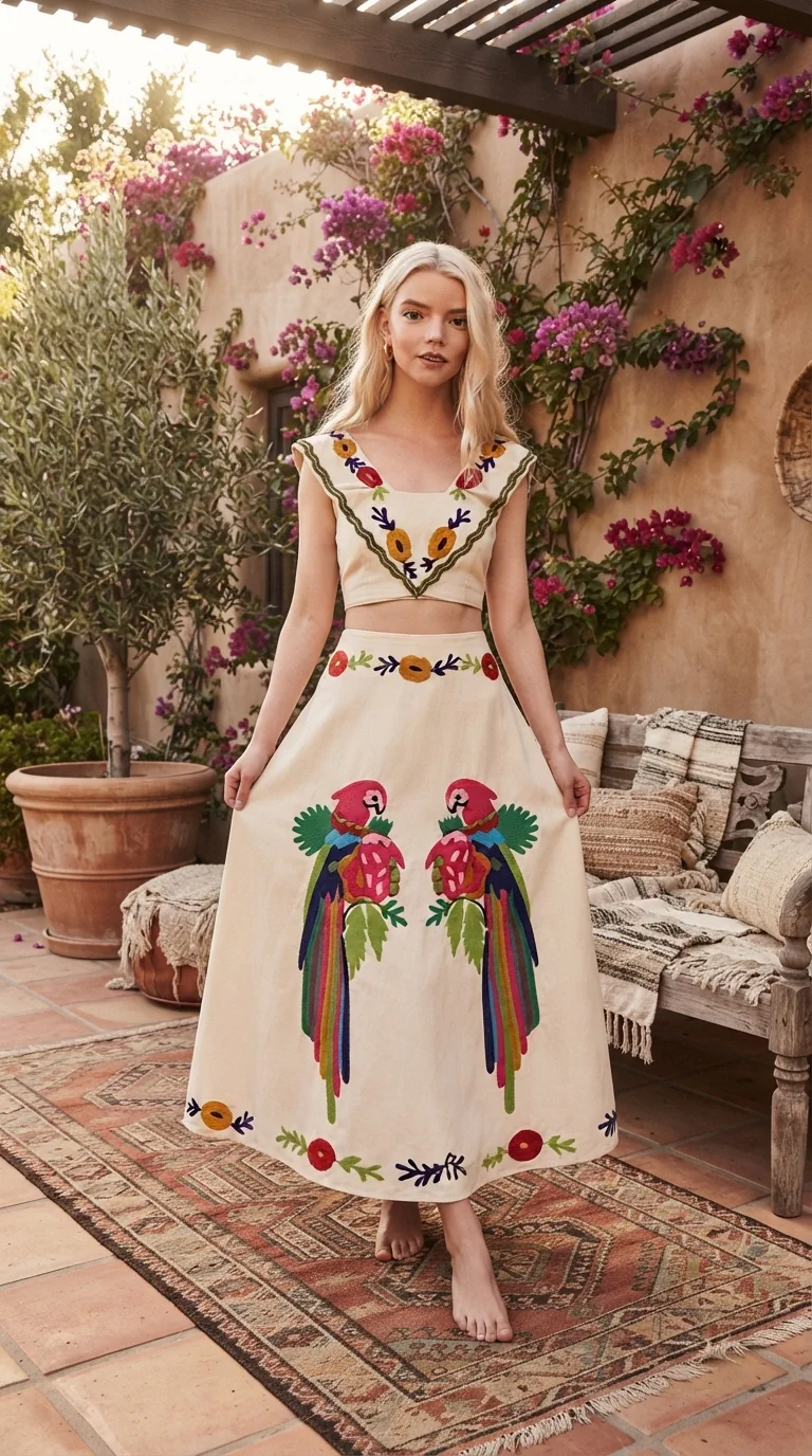 Parrot Crop Top and Maxi Skirt Set for Vacation Style