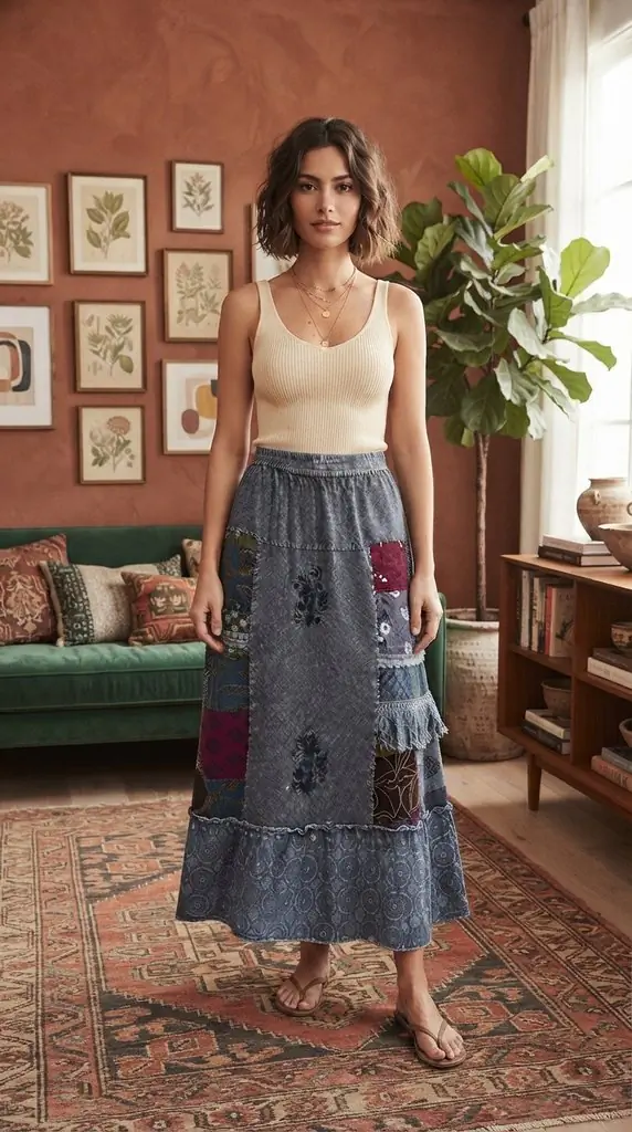 POL Printed Patchwork Embroidered Ruffled Skirt Outfit Ideas