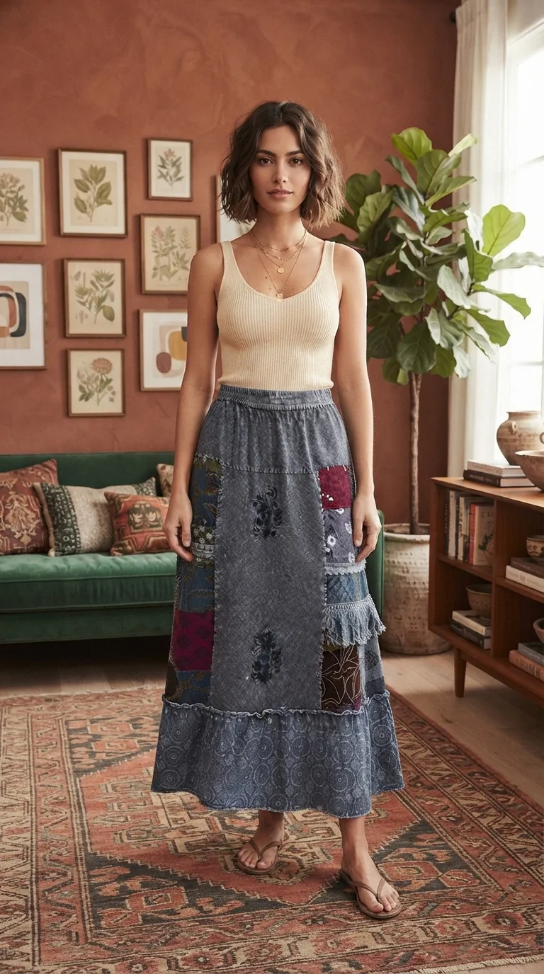 POL Printed Patchwork Embroidered Ruffled Skirt Outfit Ideas