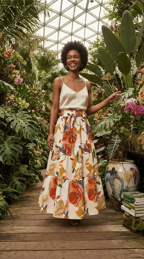 Full Size Floral Print Tiered Ruffle Midi Skirt Plus Size | Boho Outfits