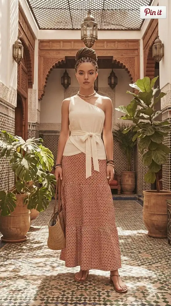One-Shoulder Top and Geometric Print Maxi Skirt | Resort Outfit Inspiration