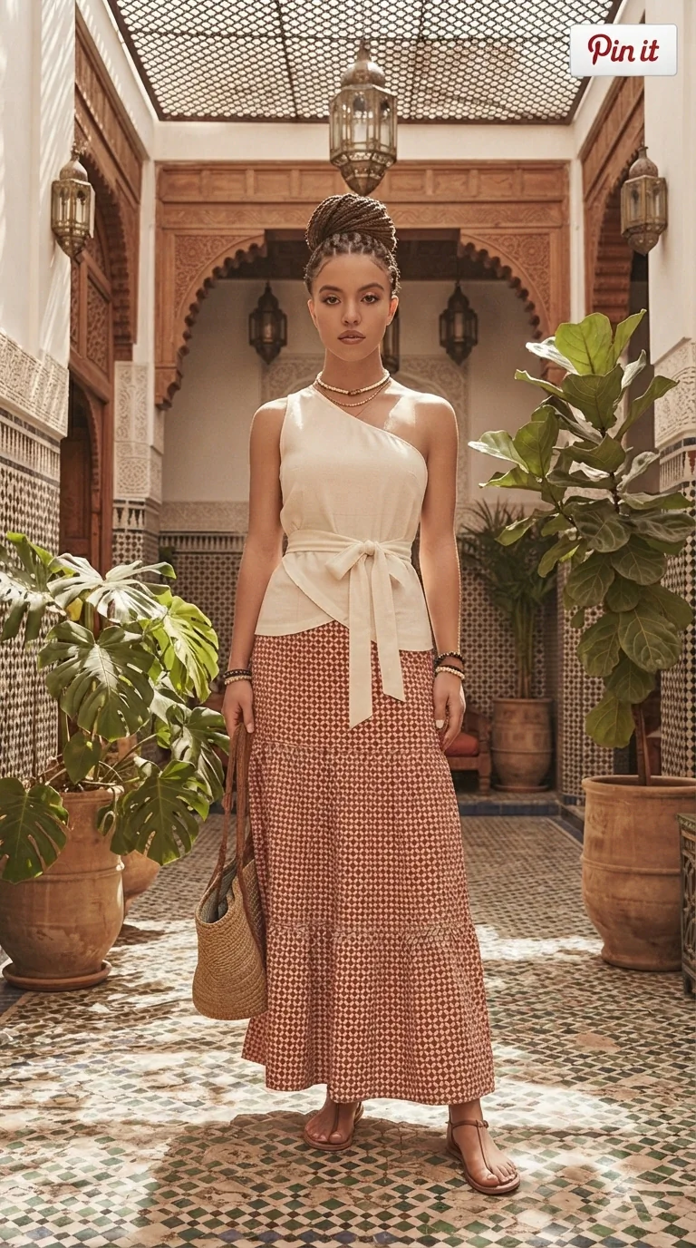 One-Shoulder Top and Geometric Print Maxi Skirt | Resort Outfit Inspiration