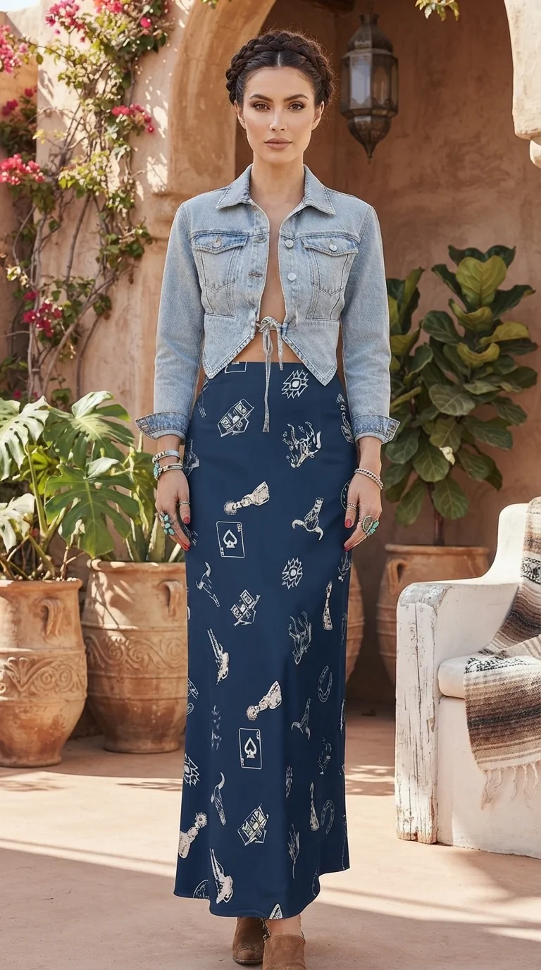 Western Print Satin Maxi Skirt | Country Chic Outfit Ideas