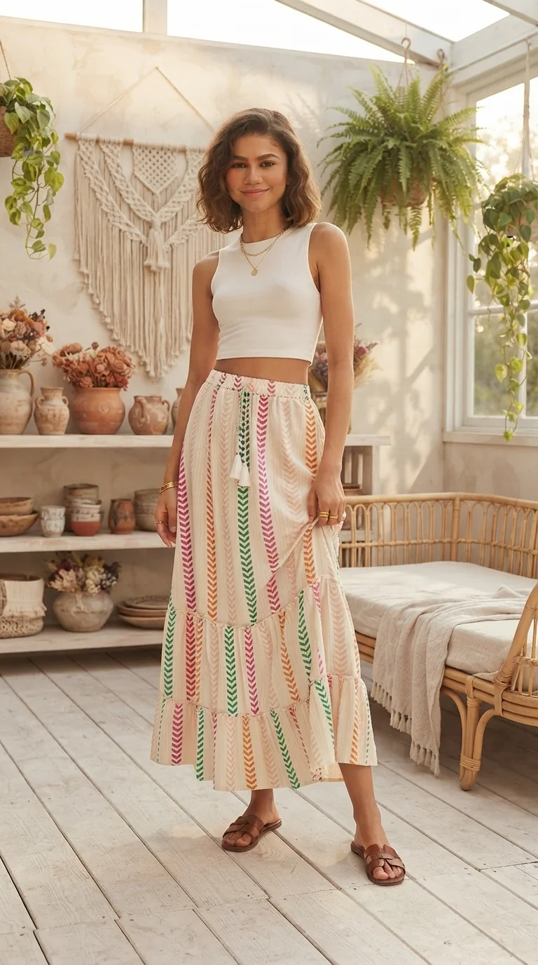Frill Printed Maxi Skirt | Bohemian Maxi Skirt Outfit Ideas