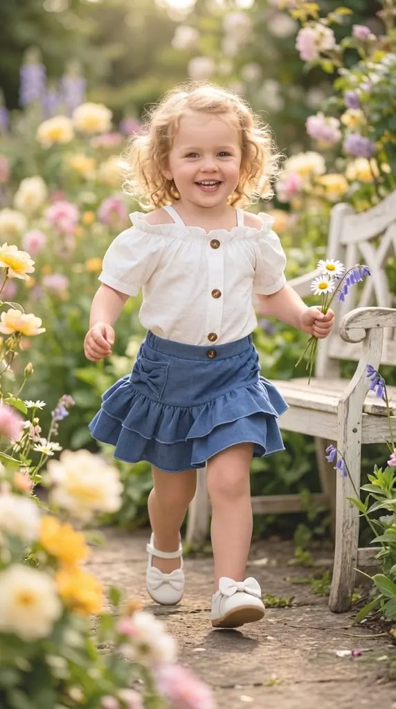 Adorable Ruffled Denim Skirt & Off-Shoulder Top Outfit Idea